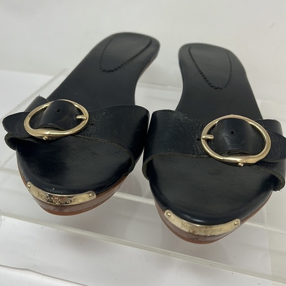 Yves Saint Laurent Sz 37 Black Leather Wood Low Heel Slide Sandals - Picture 2 of 9